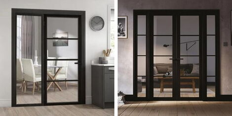 A photo collage of room divider doors on two separate houses
