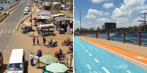 A photo collage of a the Kasarani service lane (left) and a graphical presentation of a model allowing space for street vendors and traffic. 