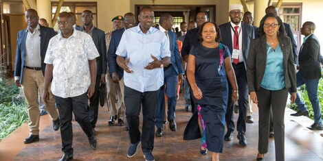 President William (second from left), Deputy President Rigathi Gachagua (left), Governor Anne Waiguru and Susan Kihika take a stroll at the Naivasha Enashipai Hotel during an intergovernmental summit held on February 11, 2023. 