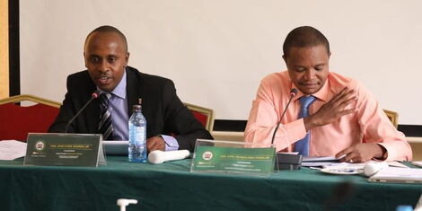 Molo MP Kuria Kiani (right) and Dagoretti South MP follow proceedings of the investigations on the Ksh6.1 billion Telom teakeover saga.