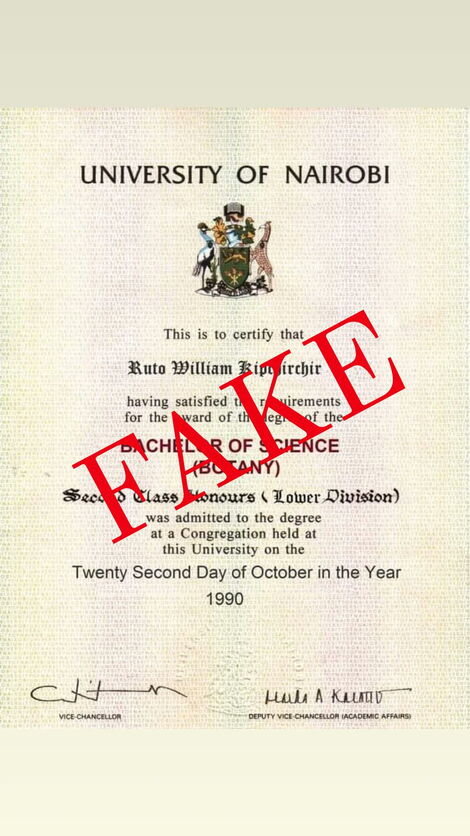 Degree Certificate flagged as fake by University of Nairobi on Friday June 17, 2022
