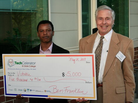 A collage image of Joseph Kitonga, founder of US-based Vitable Health receiving an award after an IT competition.