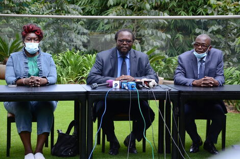 Kanduyi MP Wafula Wamunyinyi, flanked by chair of Women League Cynthia Mutere and Secretary General Eseli Simiyu at a press conference in Nairobi on Tuesday, June 2, 2020