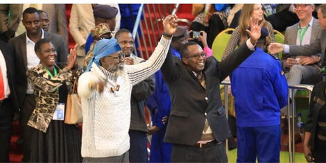 Roots Presidential candidate George Wajackoyah and David Mwaure at Bomas of Kenya on Monday August 15, 2022.