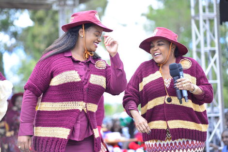 Laikipia Woman Representative Cate Waruguru and her Kirinyaga coiunterpart Wangui Ngirici during an nua Mama Jenga Taifa tour in Naivasha and Nyandarua on October 11, 2019.