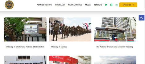 A screengrab of the presidential website detailing various ministries in President William Ruto's administration.