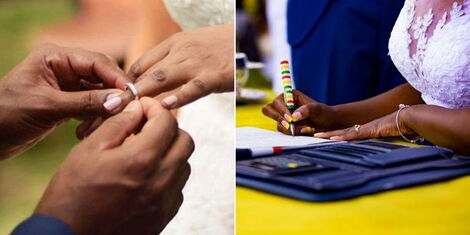 A photo collage of a couple exchanging rings (left) and a bride signing a marriage certificate (right).