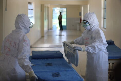 Medical practitioners in protective gear at the Coronavirus Isolation facility in Mbagathi District Hospital on Friday, March 6, 2020.