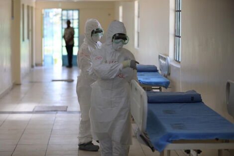 Medical practitioners in protective gear at the Coronavirus Isolation facility in Mbagathi District Hospital on Friday, March 6, 2020.