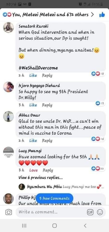 A screenshot of comments by Kenyans excited Deputy President William Ruto was present in a Cabinet Meeting at State House on Thursday, March 19, 2020.