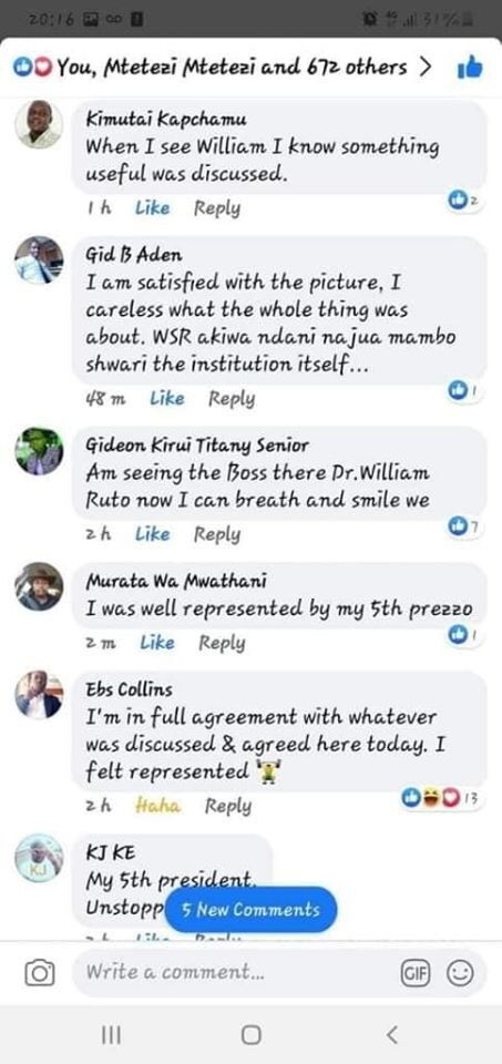 A screenshot of comments by Kenyans excited Deputy President William Ruto was present in a Cabinet Meeting at State House on Thursday, March 19, 2020.
