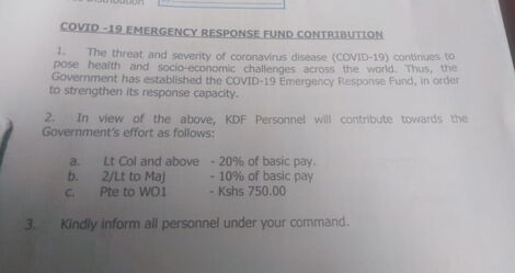 The memo from the Kenya Defence Forces (KDF) detailing the pay cuts.
