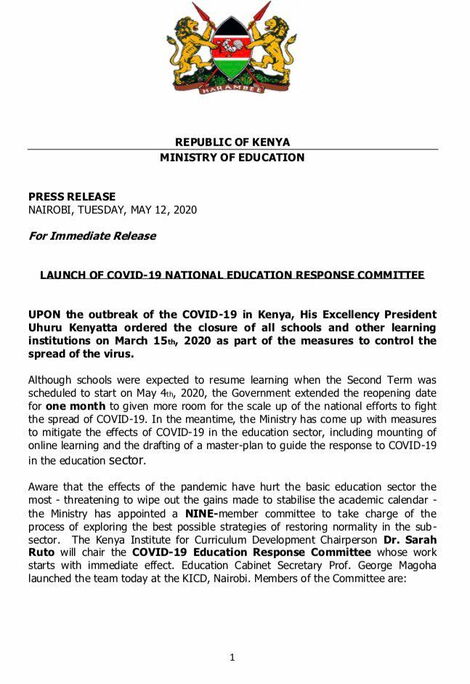 A statement issued by Ministry of Education on Tuesday, May 12, 2020.