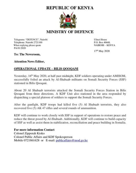 A statement from KDF regarding the night attack in Somalia that killed 5 Al Shabaab militants on the night of Saturday, May 16, 2020.