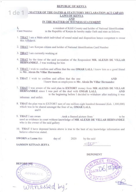 The affidavit signed by a Kilifi resident implicating Omar in an extrotion scheme on may 6, 2020.