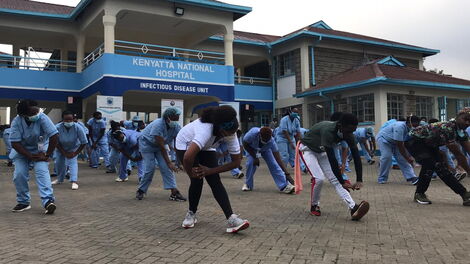 Frontline workers exercising at Mbagathi Isolation facility on May 28, 2020.