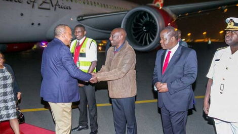 President Uhuru Kenyatta recieved by Deputy President William Ruto and Interior CS Fred Matiang'i at JKIA at a past date