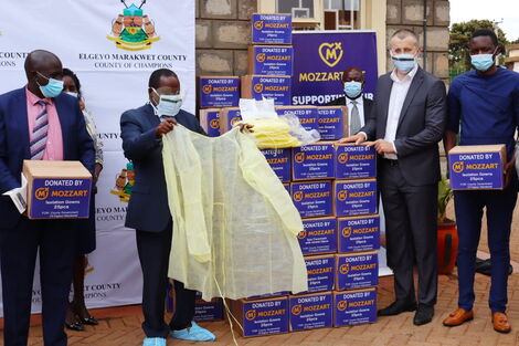Elgeyo Marakwet Governor Alex Tolgos recieves a Ksh2 million PPE kits donation at Iten County Referral Hospital on March 16, 2021