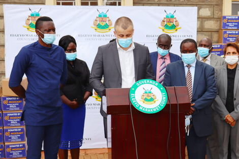 Mozzart Country Manager Sasa Krneta speaking after donating Ksh 2million PPE kits to Iten County Referral Hospital. 
