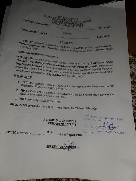 Court papers showing the dissolution of their marriage