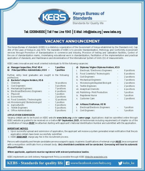 A notice from Kenya Bureau of Standards advertising vacancies