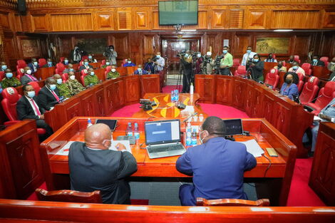 Interior CS Fred Matiang'i and senior police bosses in Parliament on Wednesday, September 1, 2021