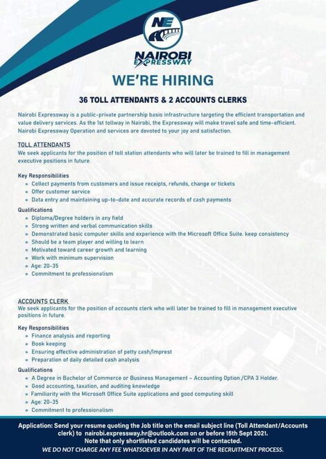 Notice announcing vacancies at the Nairobi Expressway project.