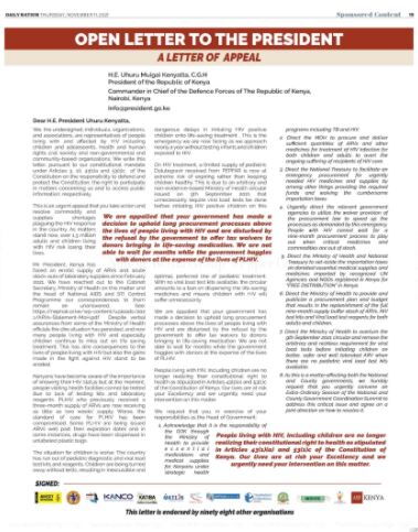 A letter to President Uhuru Kenyatta written by HIV patients on Thursday, November 11, 2021.