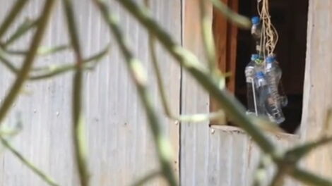 image of cut up bottle hanging from the window frame