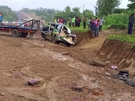 Grisly accident between Public Service Vehicle (PSV) and lorry at Kambiti along the Kenol-Makutano Road on Saturday, December 18.