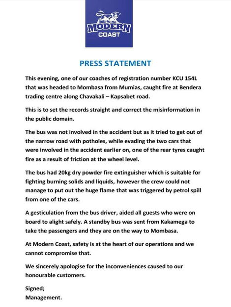 A statement issued by Modern Coast Bus Company after its bus burned down while on transit