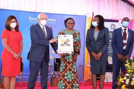 Chief Justice Martha Koome (left) and the High Representative of the European Union for Foreign Affairs and Security Policy, Joseph Borrell at Makadara Law Courts.