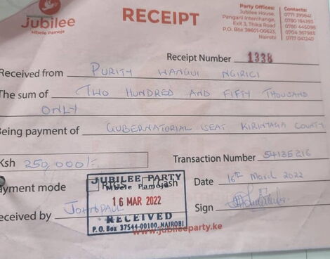 A receipt showing a receipt depicting Kirinyaga Woman Representative Wangui Ngirici's Ksh250,000 payment to the Jubilee party. 