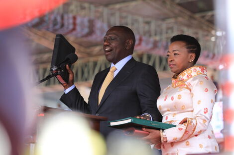 William Rut taking the Oath of Office as the fifth President of Kenya alongside his wife Racheal Ruto on September 13, 2022