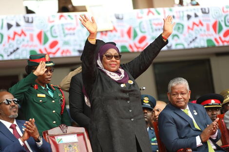 United Republic of Tanzania President Samia Suluhu waving at the crowd at Kasarani Stadium during the Presidential inauguration ceremony on September 13, 2022