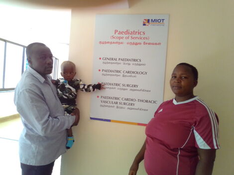 James Nyaguthi, his wife Mary Wamaitha and daughter Patience Nduta at MIOT International Hospital in India.