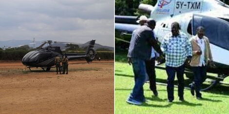 A photo collage of Jimmy Wanjigi's chopper(left) and Prime Cabinet Secretary Musalia Mudavadi's chopper(right)