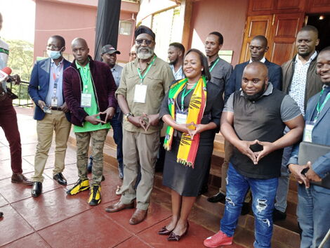 Professor George Wajackoyah with his running mate Justina Wambui and a few supporters. PHOTO/Alvin Mwangi