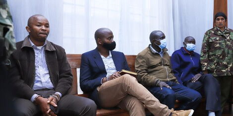 The accused persons in the murder of lawyer Willie Kimani from left Peter Ngugi, Leonard Mwangi, Stephen Cheburet and Fredrick Leliman during the final judgement at Milimani law Courts on Friday July 22, 2022
