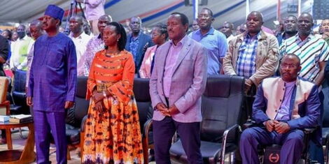 Wiper Party leader Kalonzo Musyoka joins Azimio flagbearer Raila Odinga and running mate Marth a Karua for a churh service at JTM Donholm on Sunday, August 21, 2022.