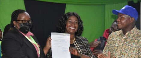 Wiper party's Wavinya Ndeti receives a certificate from an IEBC County Returning Officer on August 13, 2022.