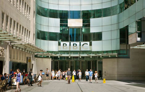 Workers outside BBC headquarters in London 