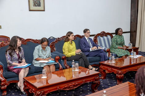 World Bank officials led by Regional Vice President for Eastern and Southern Africa Victoria Kwakwa (far right) at State House Nairobi on February 7, 2023.