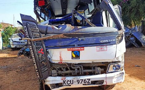 Wreckage after a bus and a truck collided head-on along Mai Mahiu-Narok road on Sarurday, May 21, 2022.