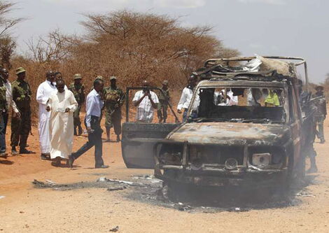 Wreckage of a vehicle that was bombed in Lafey, Mandera County, on March 13, 2015.
