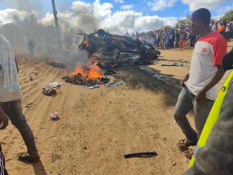 Wreckage of the matatu involved in the accident along the Thika-Garissa highway in Machakos on Friday, July 15, 2022.