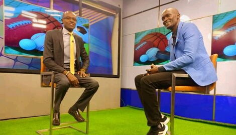 From left to right: Joshua Makori poses for a photo alongside former Harambee Stars striker Bonface Ambani at NTV Studios on September 16, 2019. 