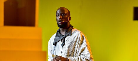 Kenyan Fashion curator Sunny Dolat speaking at an event in 2020.