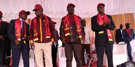 Wiper party leader Kalonzo Musyoka, UDP leader Cyrus Jirongo, Former Prime Minister Raila Odinga, and Baringo Senator Gideon Moi at a function on February 24, 2022.