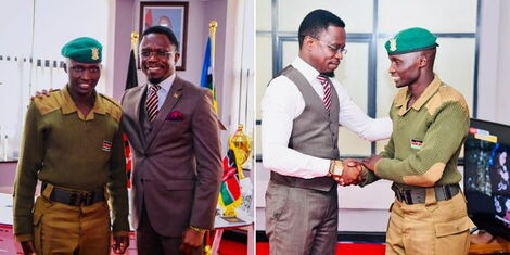 Sports CS Ababu Namwamba and Corporal Dickson Loyerer at his offices on November 8, 2022.